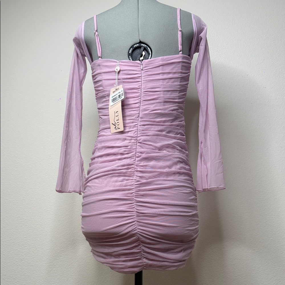 Oh Polly Pink Ruched Mesh Mini Dress Long Sleeve Bodycon Size 6 NWT - Picture 5 of 10